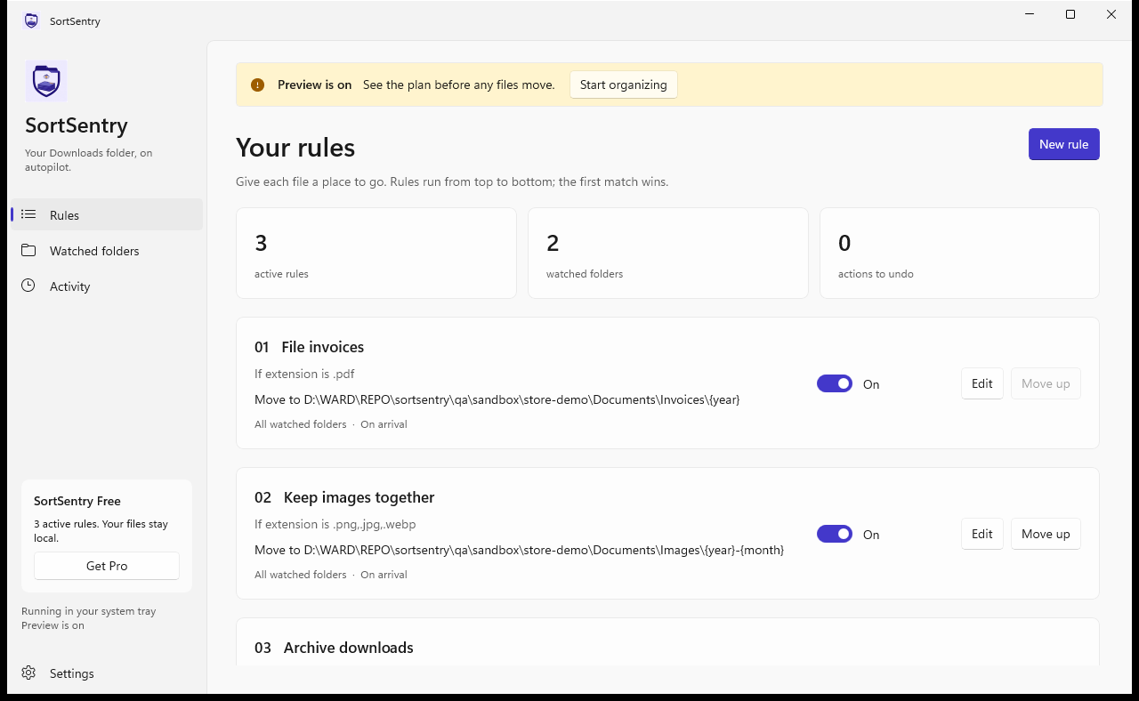 SortSentry Rules screen with preview enabled
